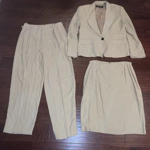 Linda Allard, Ellen Tracy Traje Tres Piezas, Beige, Chaqueta Falda y Blazer, Lana - Imagen 1 de 8