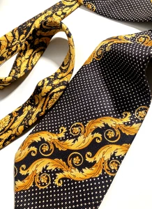 GIANNI VERSACE VINTAGE '90s ICONIC BAROQUE TIE STRIPED DOTS ITALY GOLD BLACK - Picture 1 of 19