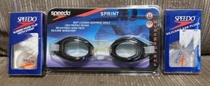 Speedo Sprint Swim Goggles + 1 Nose Clip + Silicone Ear Plugs Lot All New - Picture 1 of 8