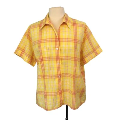 Camisa de manga corta a cuadros amarilla naranja de los años 80 vintage de Dama Manhattan para mujer 16 Foto 1 de 4