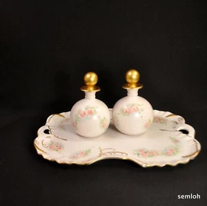 Vanity Dresser Tray 2 Perfume Bottles Pink Roses w/Gold Hand Painted Artist F.W. - Picture 1 of 12