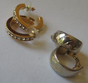 Lot 2 Pair Gold Tn Earrings 1 Sarah Cov Partial Hoop Clips & Hoop w/Rhinestones