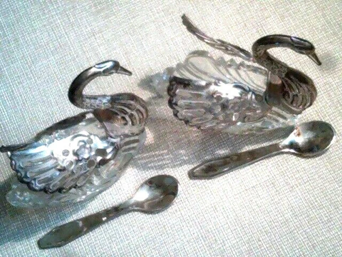 Pair Vintage Salt Cellars Glass & Silver Plated Swan Moving Wings 3"x3" + Spoons Cover