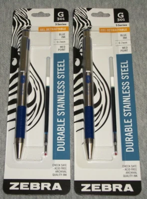 Lot of (2) Zebra Pens G301 Durable Stainless Steel Gel Retractable, Blue, 0.7mm - Image 1 of 4