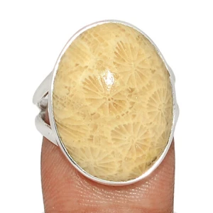 Natural Indonesian Fossil Coral 925 Sterling Silver Ring Jewelry s.7.5 CR60776 - Picture 1 of 1