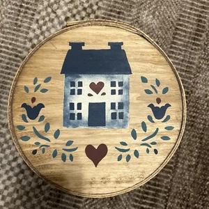 Mindy Barker Hand Painted Wooden Round Cheese Box Cottagecore Primitive Signed - Picture 1 of 6