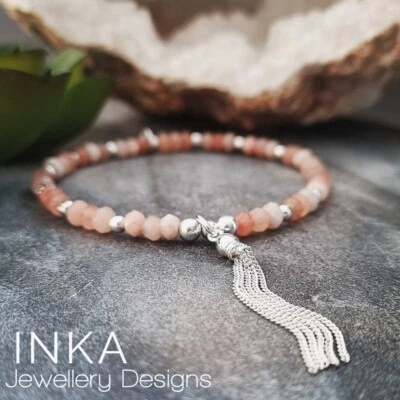 925 Sterling Silver & Coral Quartz bead Stack Bracelet with Tassel charm By INKA - Image 1 of 4