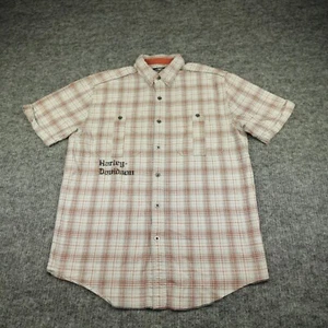 Harley Davidson Shirt Mens Medium White Plaid Orange Flannel Short Sleeve Biker - Picture 1 of 8