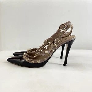 Valentino Garavani Rockstud Black/ Tan Ankle Straps Heels SZ 8.5/38.5 - Picture 1 of 10