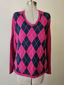 Tommy Hilfiger Pullover Damen Large Argyle V-Ausschnitt 100% Baumwolle Rosa Navy Blau - Bild 1 von 10