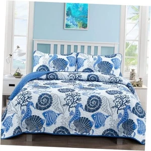 Coastal Quilt Set Queen Size Summer Beach Queen (90"x 96") Blue Seahorse - Picture 1 of 8