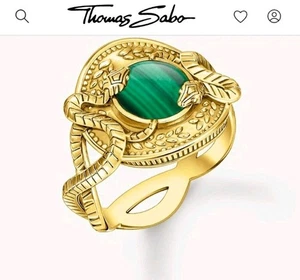 Anillo serpiente enchapado en oro amarillo de 18k Thomas Sabo malaquita verde PVP £215 talla-50 - Imagen 1 de 8