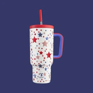 Tumbler 40 Oz. Stars Patriotic Cup With Handle Straw In Box Red White Blue - Picture 1 of 1