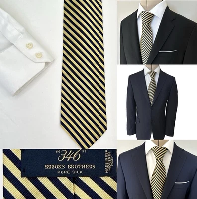 Corbata de seda a rayas Brooks Brothers Repp 346 para hombre 3,5x 58 tejida Italia amarillo azul marino EE. UU. Foto 1 de 4