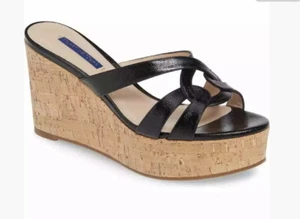 STUART WEITZMAN Cadence Black Pebbled Leather Cork Wedges Sandals Slides 8 NEW - Picture 1 of 3