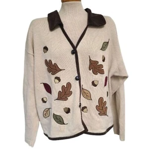 Vtg Mandal Bay 90s  XXL Ramie Wool Applique Cardigan Fall Leaves Teacher Sweater - Picture 1 of 8