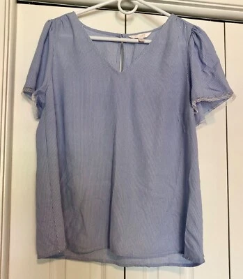 LC Lauren Conrad Womens size M Light Blue Lace Striped Blouse Nautical Workwear - Imagem 1 de 4