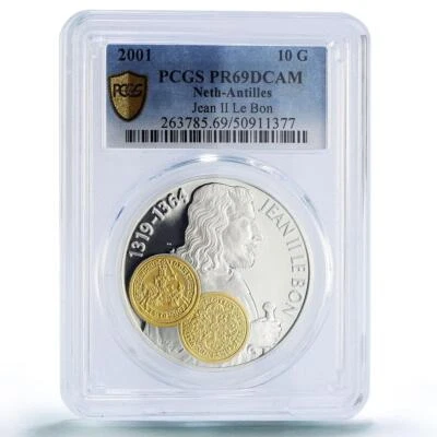 Netherlands Antilles 10 gulden John Jean Le Bon Gilt PR69 PCGS silver coin 2001 - Image 1 of 2