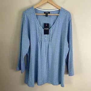 NEW Chaps Womens Plus XXL Blue Striped 3/4 Sleeve Top With Button Detail Shirt - Picture 1 of 5