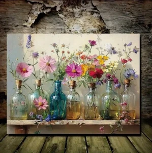 Canvas Wall Art FLOWERS IN BOTTLES Farmhouse Country Primitive 16 x 24 358 - Picture 1 of 4