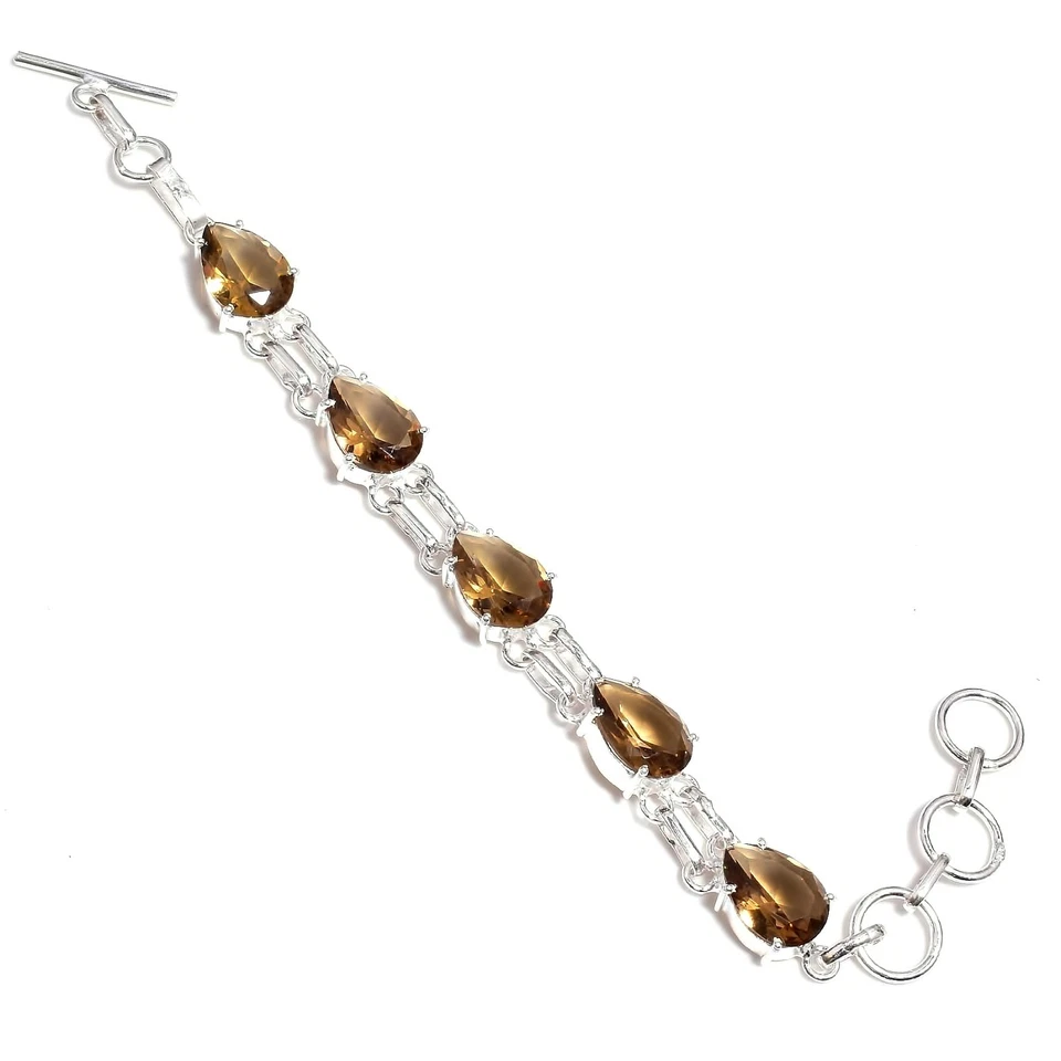 Smoky Quartz Gemstone Handmade 925 Sterling Silver Jewelry Bracelet Sz 7-8 - Image 1 of 1