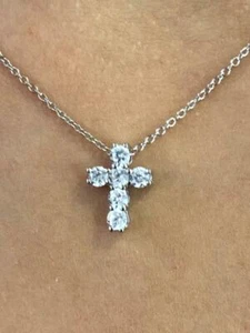 Platinum Sterling Silver Created White Sapphire Shared Prong Mini Cross Necklace - Picture 1 of 11