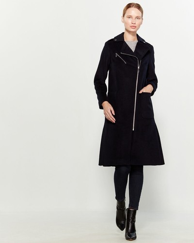 Nuovo cappotto lungo in lana Michael Kors giacca taglia 4 cerniera asimmetrica donna blu intenso