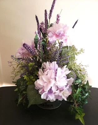 Lavender hydrangea and wildflower floral arrangement in galvanized container - Image 1 of 4