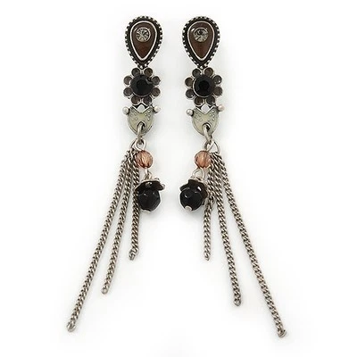 Vintage Inspired Brown, Grey Enamel Floral, Chain Tassel Drop Earrings In Burn - Image 1 of 4