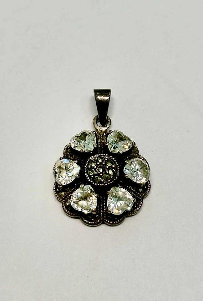 Ciondolo Vintage in Argento 925 con Cristalli a Cuore e Marcasite- Floreal Style - Immagine 1 di 2