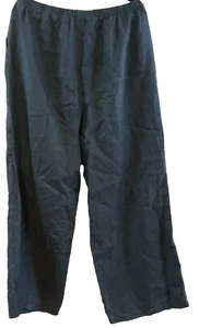 FLAX Linen Pants Large Pull On Elastic Waist Wide Leg Lagenlook Pockets Black - Picture 1 of 4