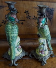 Two Vintage Hollywood Regency Porcelain Majolica Parrott Candle Holders 15"Hx7"
