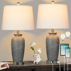 Grey Resin Table Lamps with 3-way Touch Dimming Switch USB - Picture 1 of 5