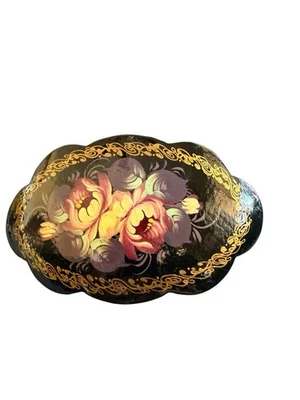 Vintage Artista Assinado Russo Pintado à Mão Laca Barrette Floral Oval - Imagem 1 de 4