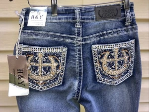 H&Y Premium Collection Embellished Flared Leg Dark Wash Size 7/8 Jeans - Bild 1 von 8