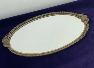 Vintage Brass Filigree Vanity Mirrored Tray Floral 1940’s/1950’s - Foto 1 di 9