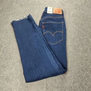 Levis 724 High Rise Straight Jeans Womens 29 Blue Dark Wash Frayed Hem Denim - Picture 1 of 15