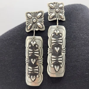Navajo Leander Tahe Earrings Sterling Silver 925 Stamped Signed Dangle - Picture 1 of 10