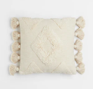 H&M Home Cushion Cover with Tassels Cream Beige Ivory Flesh Pom Square Boho - Picture 1 of 7
