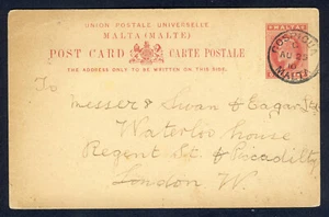 MALTA KE VII 1910 1d. Papelería Postal Roja a Londres RARO COSPICUA CDS Cancelar - Imagen 1 de 2