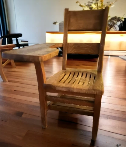Vintage Antique Student Mission Solid Oak Wood School Chair & Attached Desk Cover