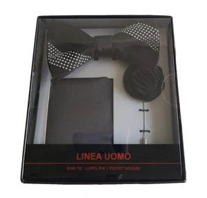 Men's Bow Tie Pocket Square Lapel Pin 3 Piece Gift Set Black Silver Studs NWT - Picture 1 of 10