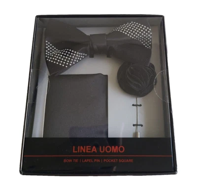 Men's Bow Tie Pocket Square Lapel Pin 3 Piece Gift Set Black Silver Studs NWT - Image 1 of 4