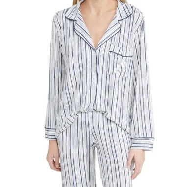 NWT! Eberjey Women's Sz XS Gisele Printed Notch Long Pajama Top Blue Stripes - Image 1 of 4