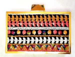 Belle Badgley Mischka Floral Sequin Sparkle Clutch Evening Box Purse w Chain NOS - Picture 1 of 15