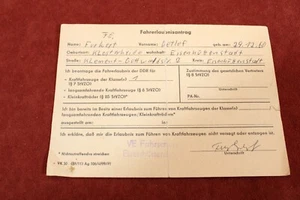 Alter DDR Fahrerlaubnisantrag für Kl. 1, Eisenhüttenstadt 1978, W301.2#92 - Bild 1 von 2