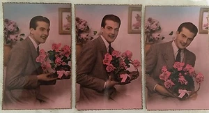 * 3 Cartes postales au bromure "JEUNE HOMME ET CORBEILLE DE FLEURS " - Picture 1 of 1