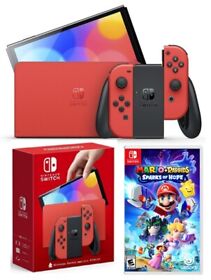 NEW Nintendo Switch OLED 64GB Mario RED Bundle SPECIAL Ed + Mario Rabbids Game!