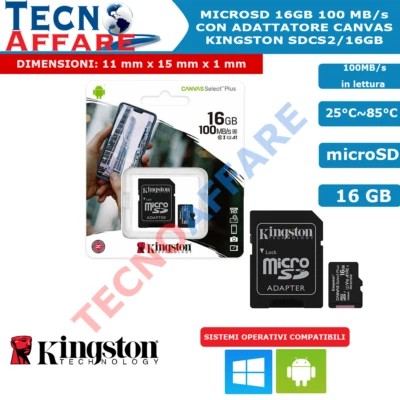 MicroSD 16GB 100 MB/s Canvas Micro SD Kingston SDCS2/16GB - Immagine 1 di 3