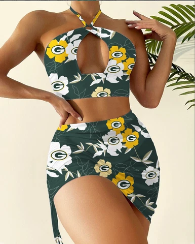 Green Bay Packers 2PCS Halter Cutout Bikini Set Bathing Suit Skirt Swimsuits New Cover